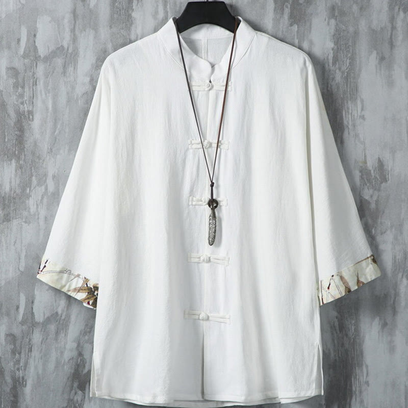 Nimara Ritual Summer Frog-button Patchwork Half Sleeve Design Cotton Linen Men's Shirt Jacket