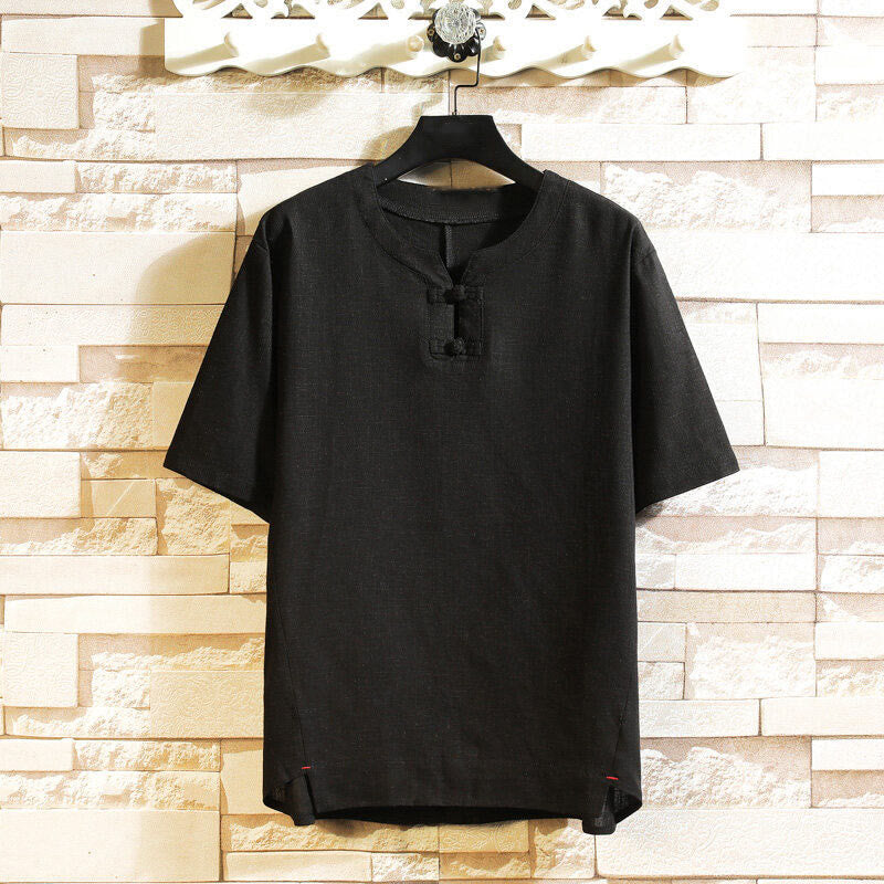 Nimara Ritual Summer Chinese Frog-button Men's Solid Color Button Short Sleeve Cotton Linen Shirt