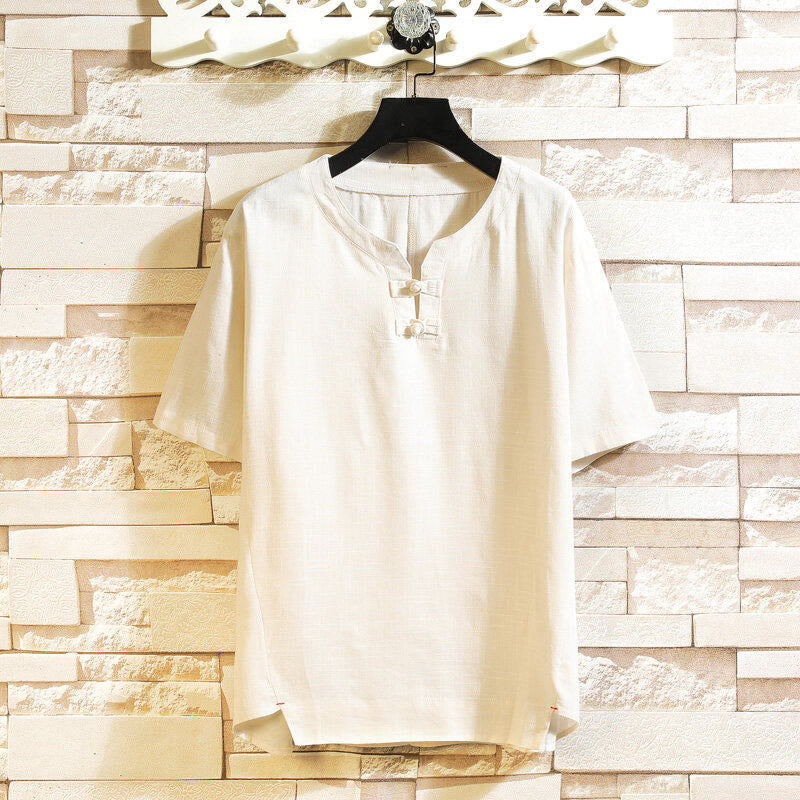 Nimara Ritual Summer Chinese Frog-button Men's Solid Color Button Short Sleeve Cotton Linen Shirt