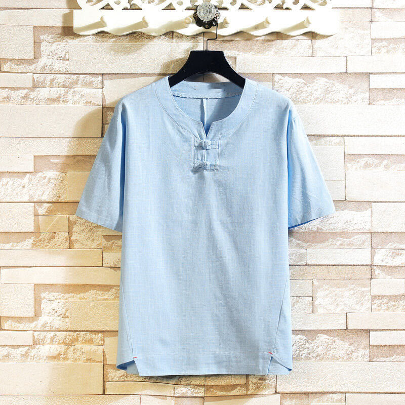 Nimara Ritual Summer Chinese Frog-button Men's Solid Color Button Short Sleeve Cotton Linen Shirt