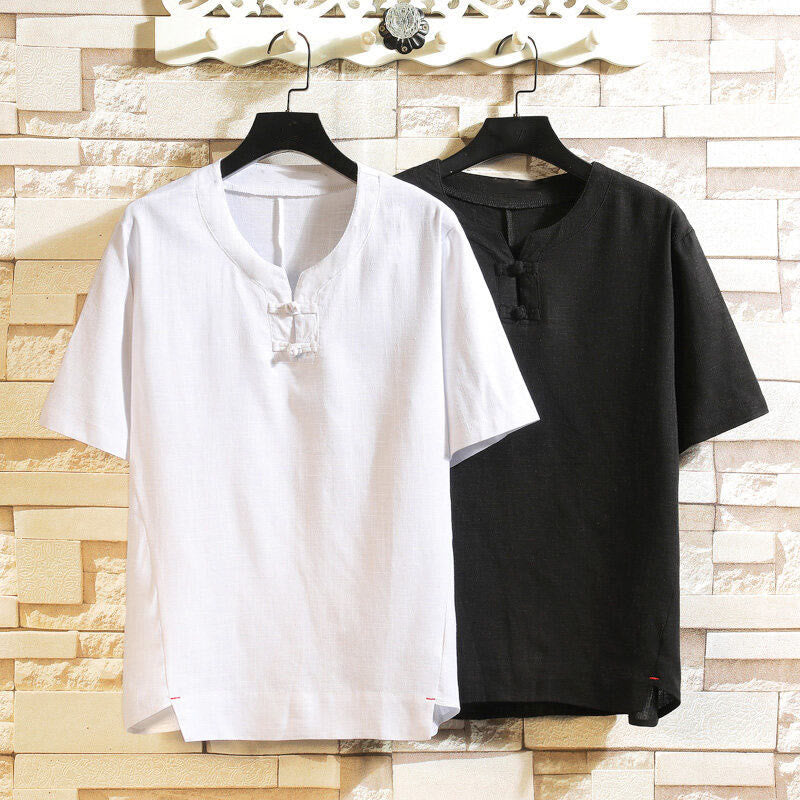 Nimara Ritual Summer Chinese Frog-button Men's Solid Color Button Short Sleeve Cotton Linen Shirt