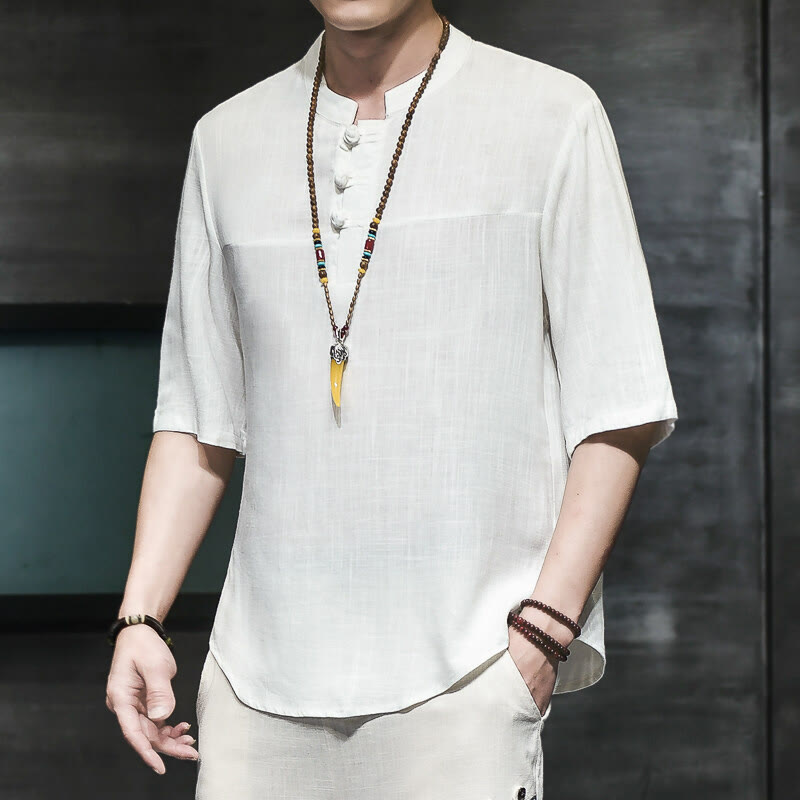 Nimara Ritual Casual Vintage Chinese Frog-Button Men's Half Sleeve Cotton Linen T-Shirt