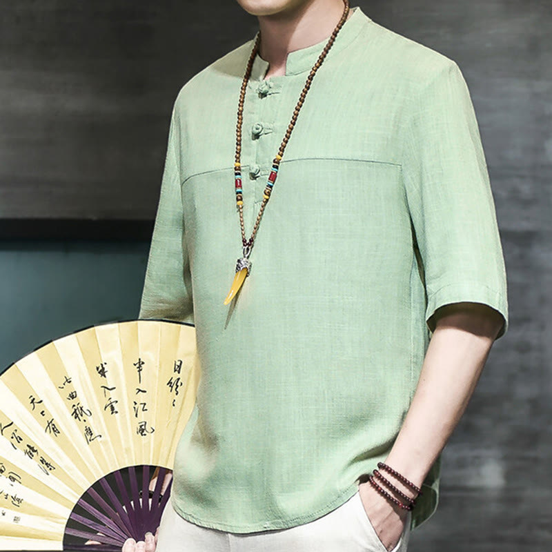 Nimara Ritual Casual Vintage Chinese Frog-Button Men's Half Sleeve Cotton Linen T-Shirt