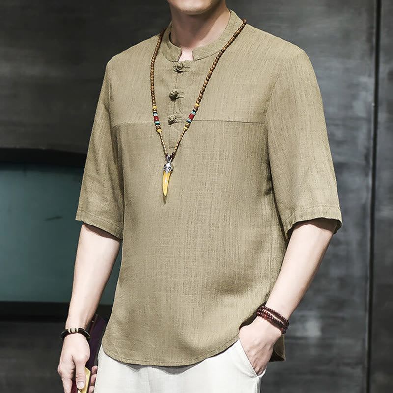 Nimara Ritual Casual Vintage Chinese Frog-Button Men's Half Sleeve Cotton Linen T-Shirt