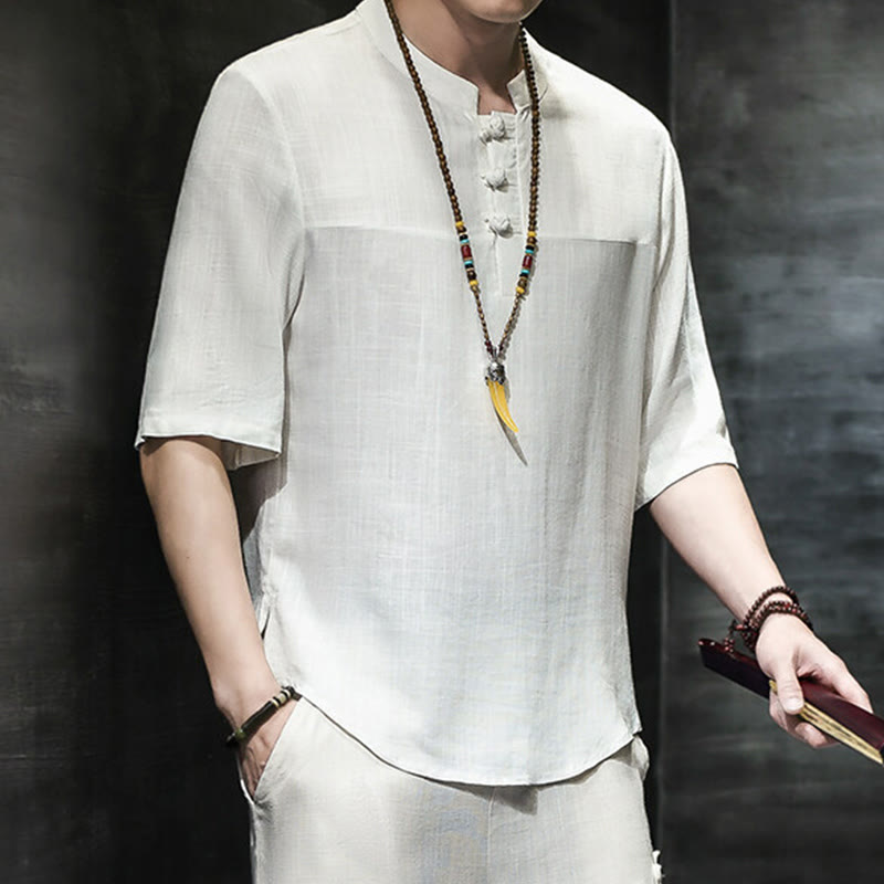 Nimara Ritual Casual Vintage Chinese Frog-Button Men's Half Sleeve Cotton Linen T-Shirt