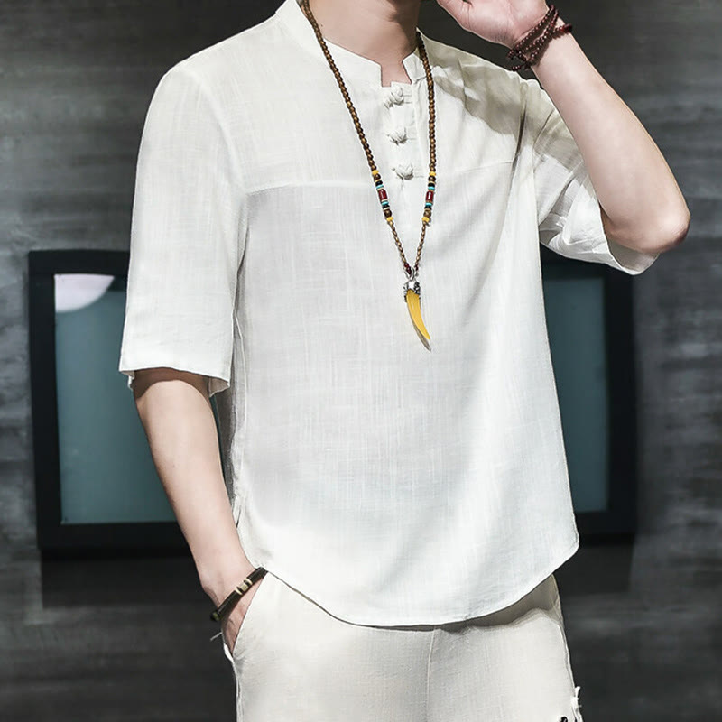 Nimara Ritual Casual Vintage Chinese Frog-Button Men's Half Sleeve Cotton Linen T-Shirt