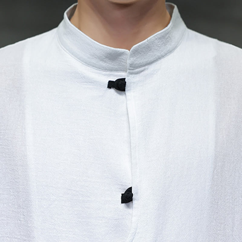 Nimara Ritual Plain Chinese Frog-Button Stand Collar Cotton Linen Men's Half Sleeve Shirt