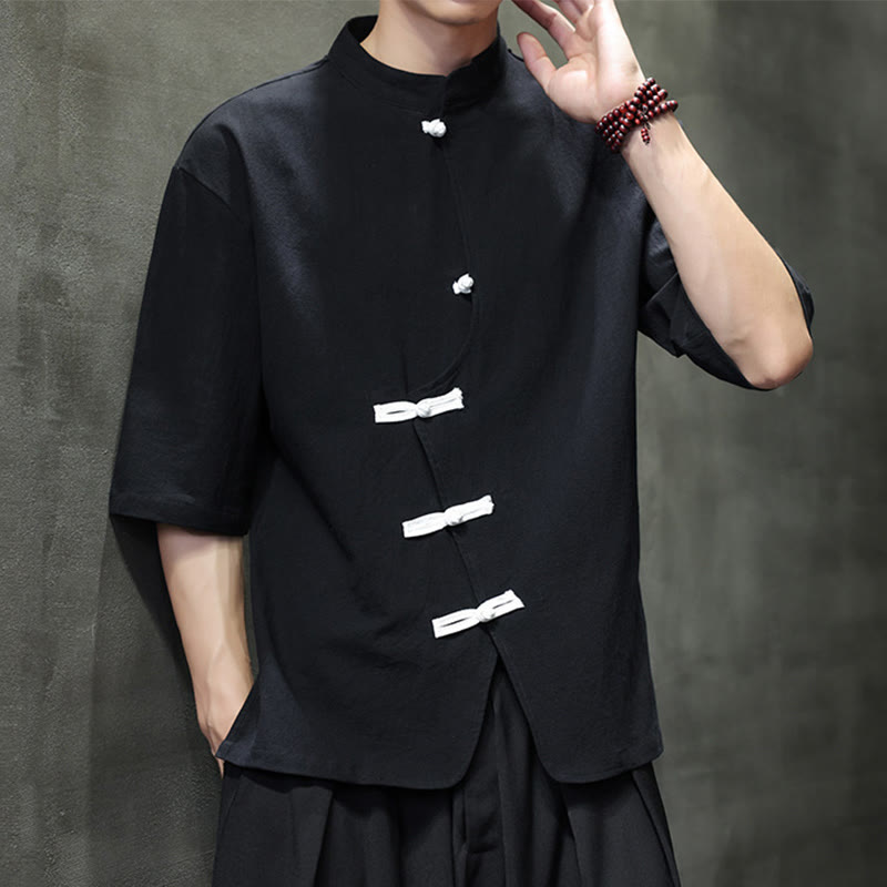 Nimara Ritual Plain Chinese Frog-Button Stand Collar Cotton Linen Men's Half Sleeve Shirt