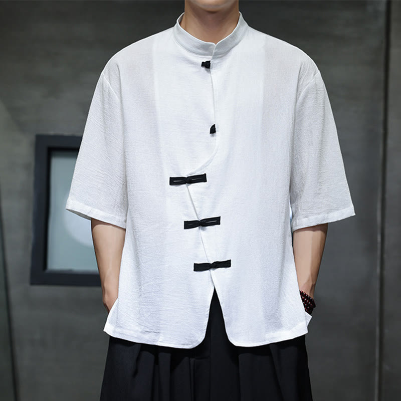 Nimara Ritual Plain Chinese Frog-Button Stand Collar Cotton Linen Men's Half Sleeve Shirt
