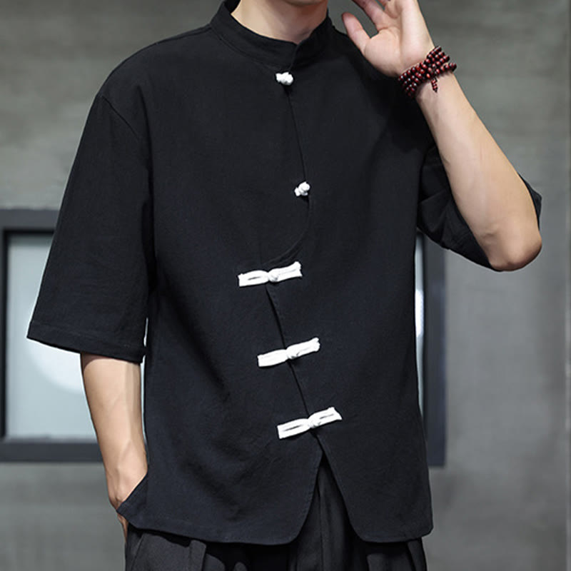 Nimara Ritual Plain Chinese Frog-Button Stand Collar Cotton Linen Men's Half Sleeve Shirt