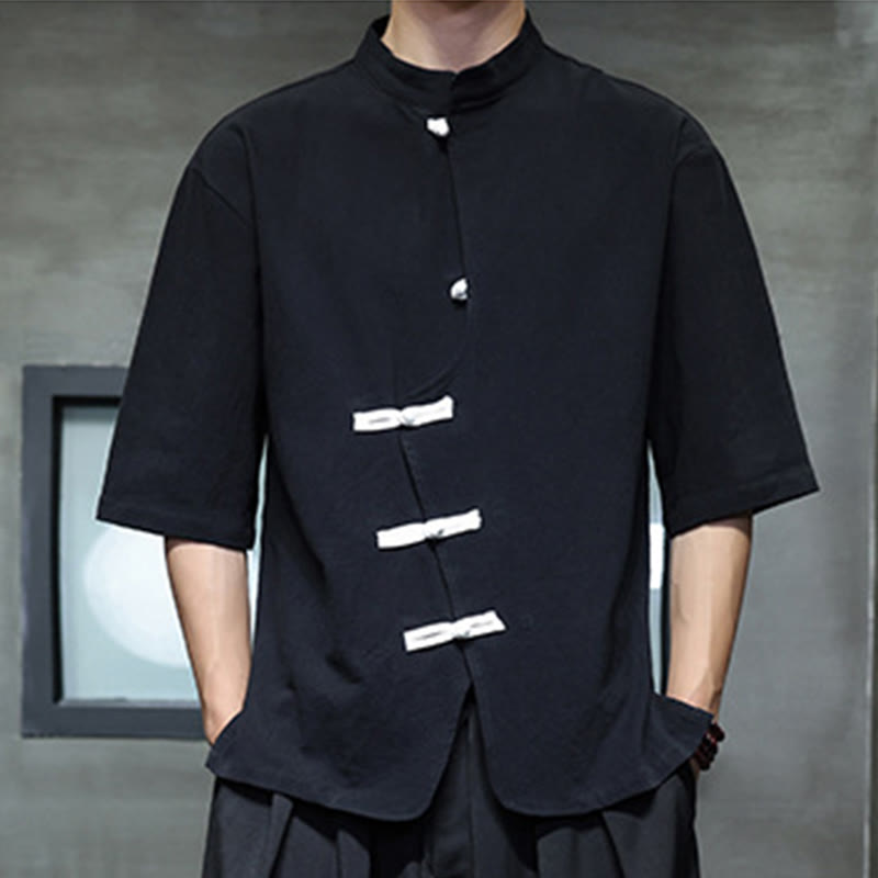 Nimara Ritual Plain Chinese Frog-Button Stand Collar Cotton Linen Men's Half Sleeve Shirt