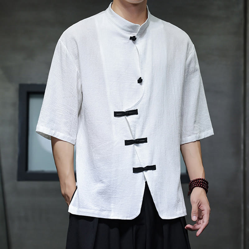 Nimara Ritual Plain Chinese Frog-Button Stand Collar Cotton Linen Men's Half Sleeve Shirt