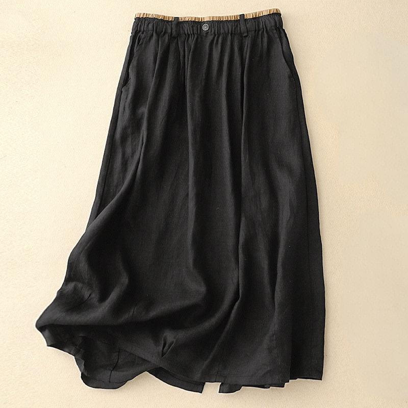 Nimara Ritual Vintage Casual Plain Side Slit Elastic Waist Cotton Linen Women's Skirt With Pockets