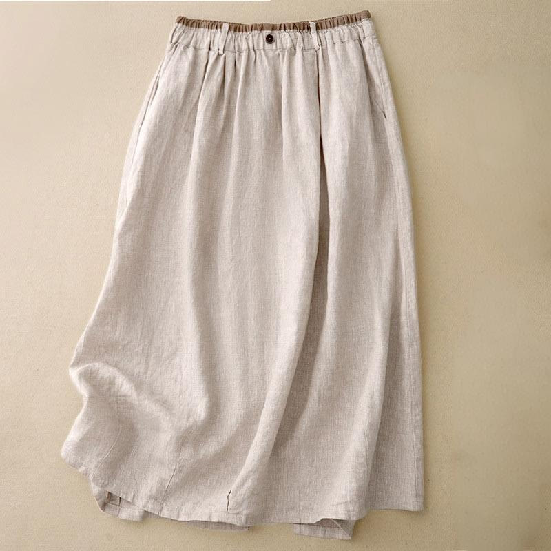 Nimara Ritual Vintage Casual Plain Side Slit Elastic Waist Cotton Linen Women's Skirt With Pockets