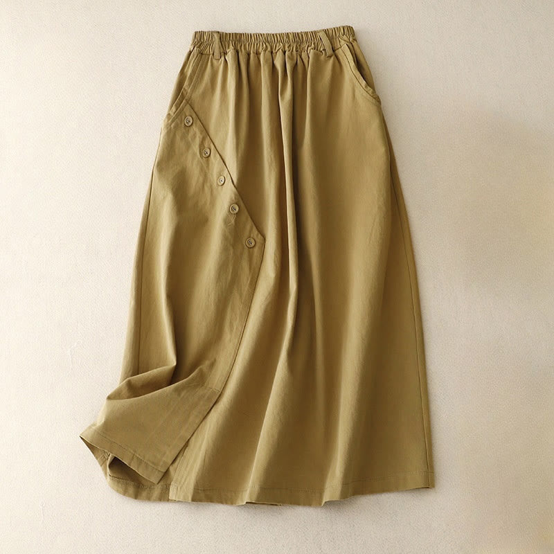 Nimara Ritual Casual Plain Asymmetrical Button Design Cotton Women's Skirt With Pockets