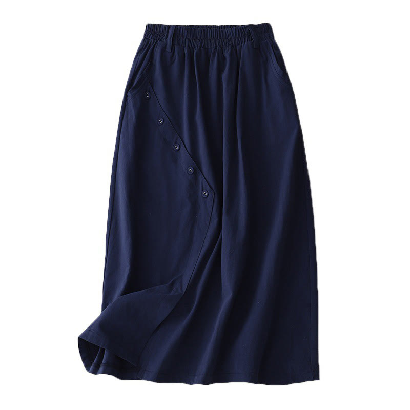 Nimara Ritual Casual Plain Asymmetrical Button Design Cotton Women's Skirt With Pockets