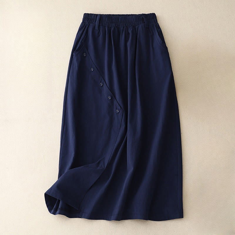 Nimara Ritual Casual Plain Asymmetrical Button Design Cotton Women's Skirt With Pockets