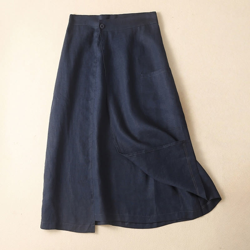 Nimara Ritual Vintage Summer Asymmetrical High Waist Women's Cotton Linen Skirt With Pockets