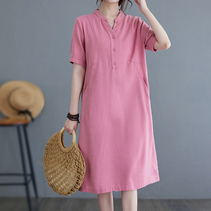 Nimara Ritual Casual Daily Pure Color Button Design Short Sleeve Cotton Linen Midi Dress With Pockets