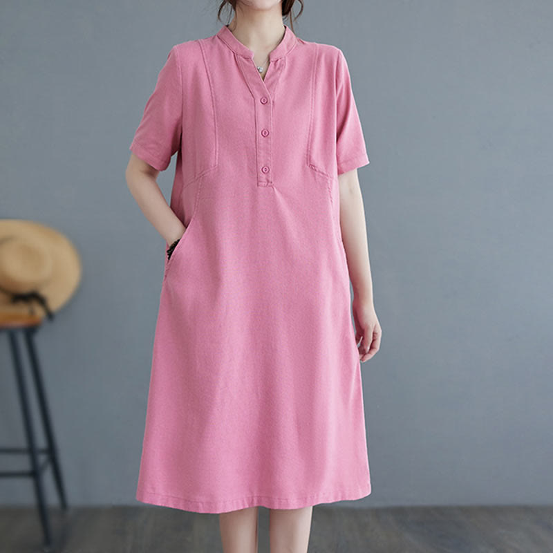 Nimara Ritual Casual Daily Pure Color Button Design Short Sleeve Cotton Linen Midi Dress With Pockets