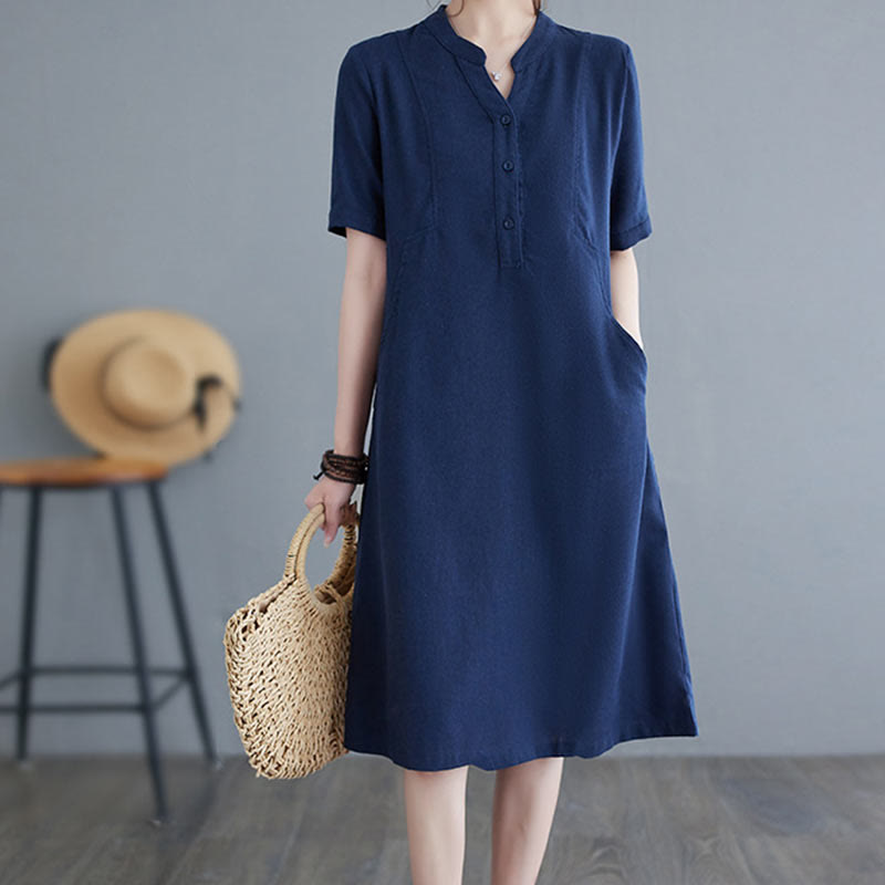 Nimara Ritual Casual Daily Pure Color Button Design Short Sleeve Cotton Linen Midi Dress With Pockets