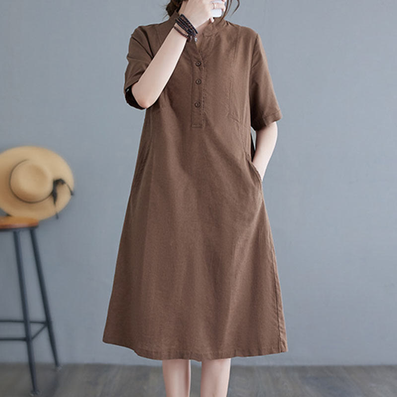 Nimara Ritual Casual Daily Pure Color Button Design Short Sleeve Cotton Linen Midi Dress With Pockets