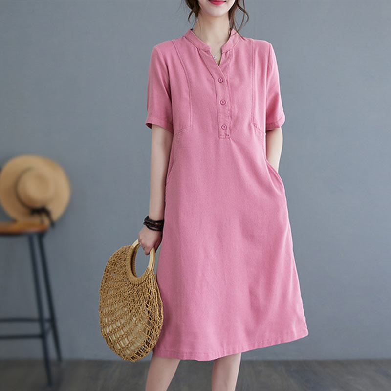 Nimara Ritual Casual Daily Pure Color Button Design Short Sleeve Cotton Linen Midi Dress With Pockets