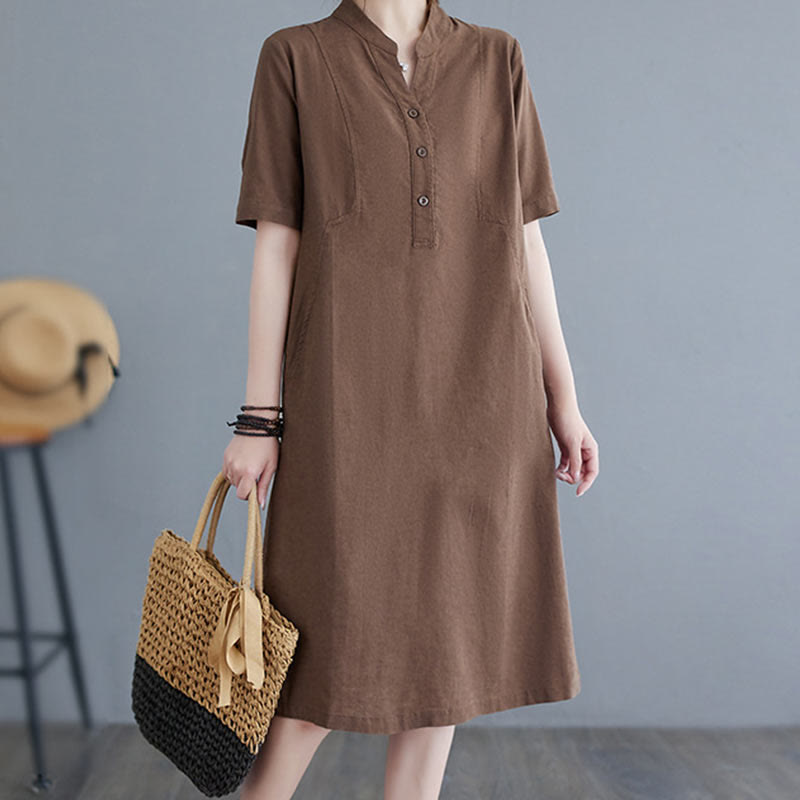Nimara Ritual Casual Daily Pure Color Button Design Short Sleeve Cotton Linen Midi Dress With Pockets