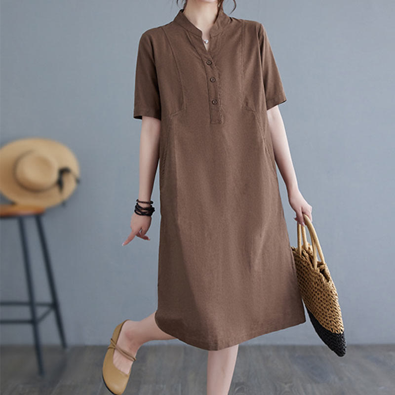 Nimara Ritual Casual Daily Pure Color Button Design Short Sleeve Cotton Linen Midi Dress With Pockets