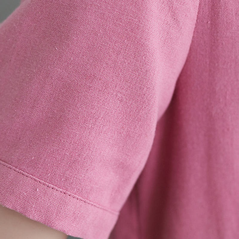 Nimara Ritual Casual Daily Pure Color Button Design Short Sleeve Cotton Linen Midi Dress With Pockets