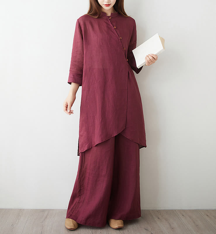 Nimara Ritual 2Pcs Three Quarter Sleeve Shirt Top Pants Meditation Zen Tai Chi Cotton Linen Clothing Women's Set