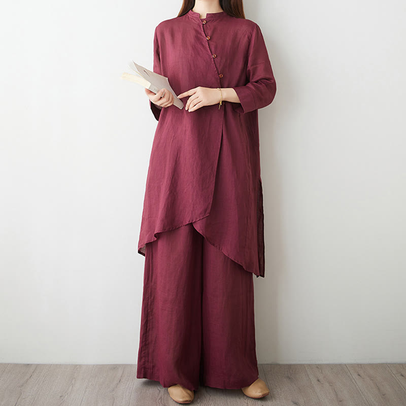 Nimara Ritual 2Pcs Three Quarter Sleeve Shirt Top Pants Meditation Zen Tai Chi Cotton Linen Clothing Women's Set