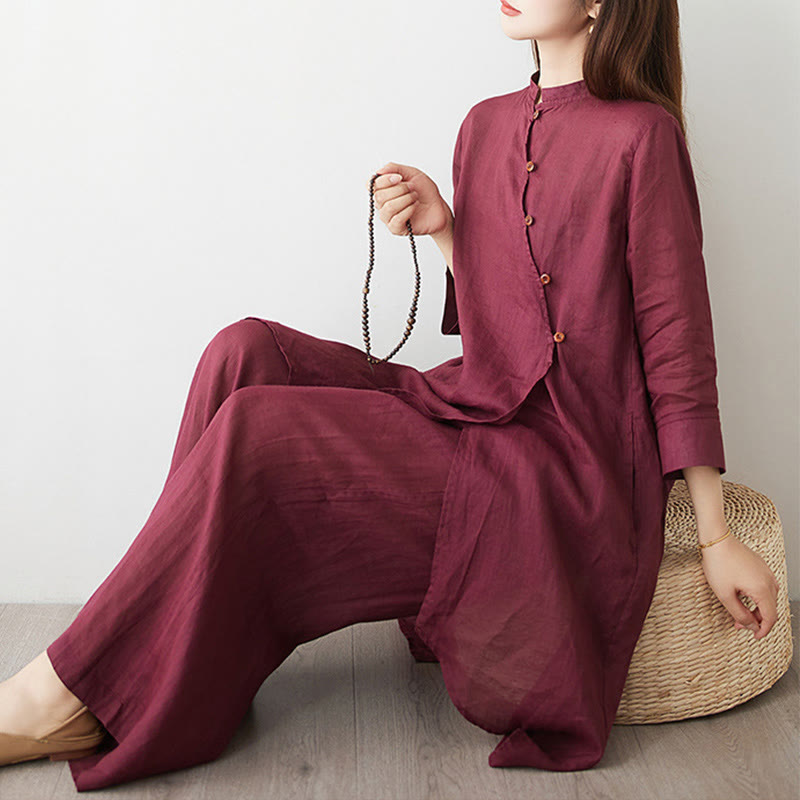 Nimara Ritual 2Pcs Three Quarter Sleeve Shirt Top Pants Meditation Zen Tai Chi Cotton Linen Clothing Women's Set