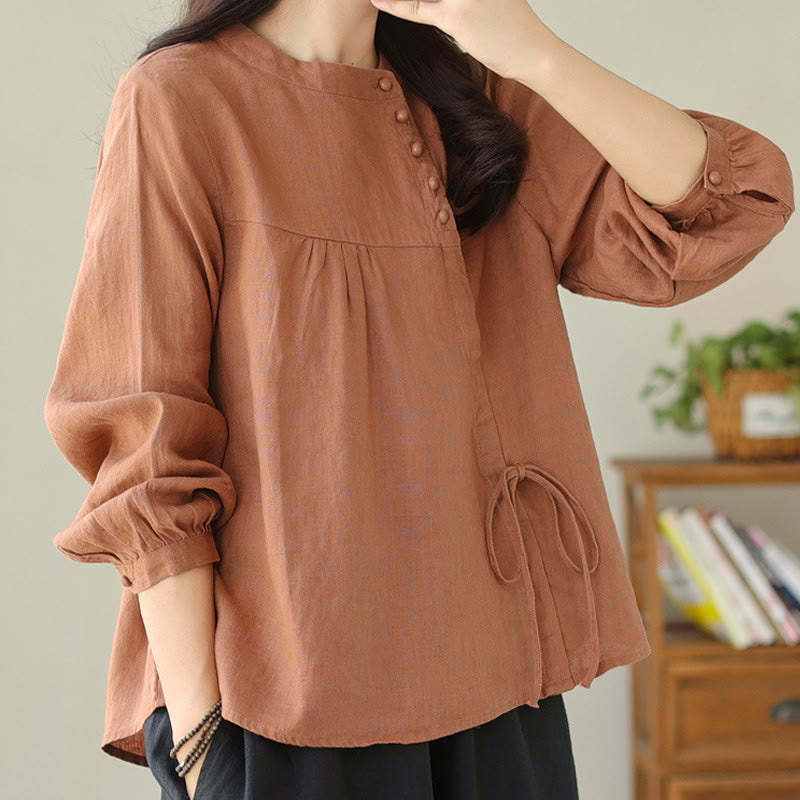 Nimara Ritual Fall Casual Solid Color Stand Collar Long Sleeve Cotton Linen Women's Shirt