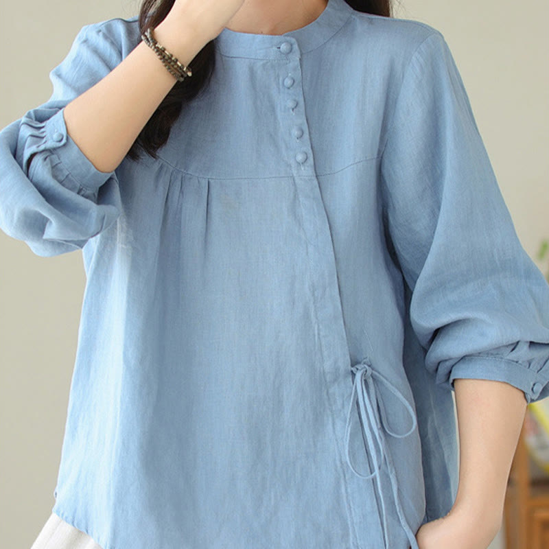 Nimara Ritual Fall Casual Solid Color Stand Collar Long Sleeve Cotton Linen Women's Shirt
