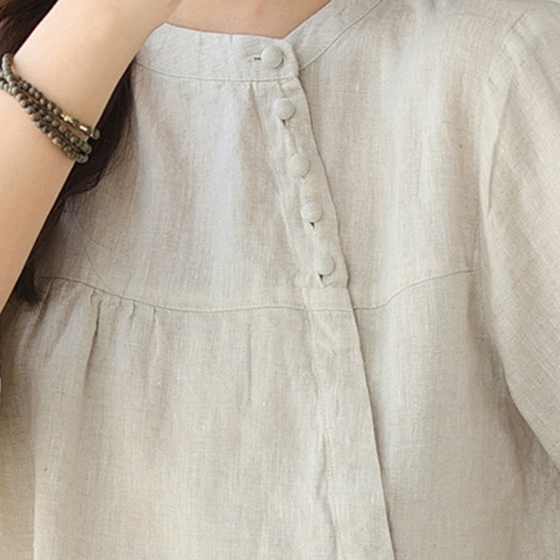 Nimara Ritual Fall Casual Solid Color Stand Collar Long Sleeve Cotton Linen Women's Shirt