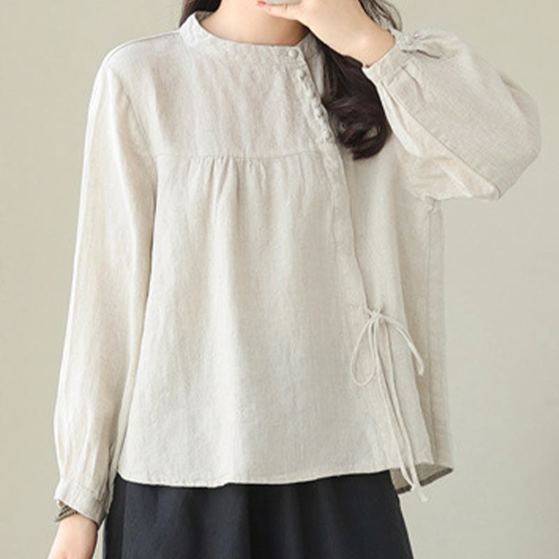 Nimara Ritual Fall Casual Solid Color Stand Collar Long Sleeve Cotton Linen Women's Shirt