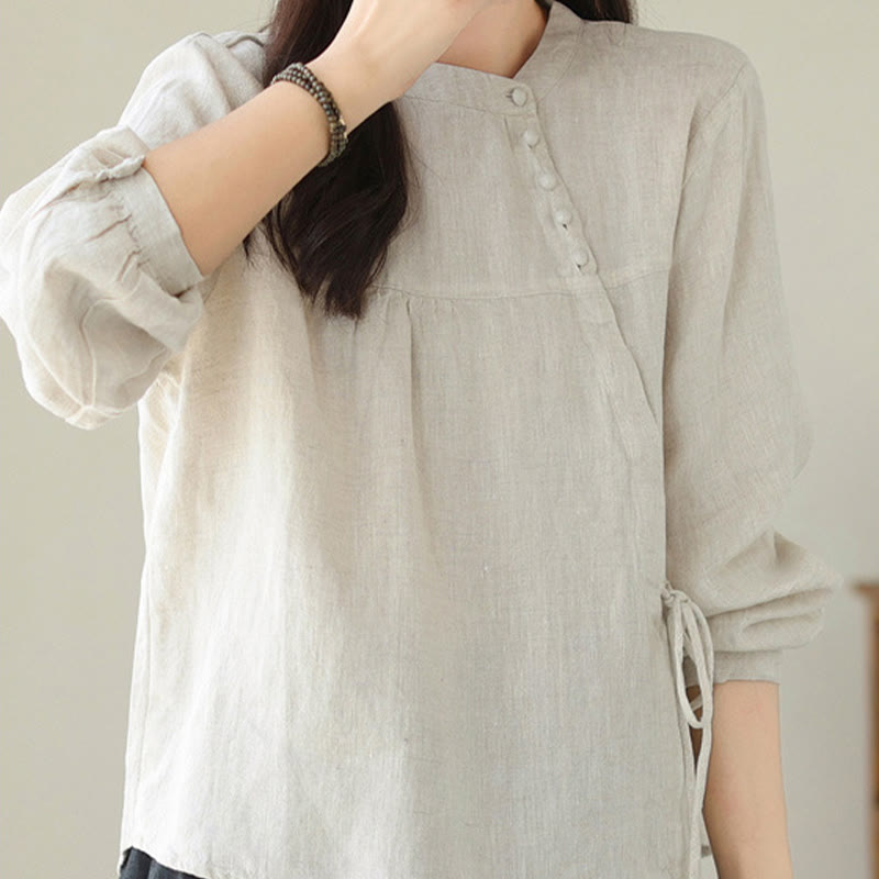 Nimara Ritual Fall Casual Solid Color Stand Collar Long Sleeve Cotton Linen Women's Shirt