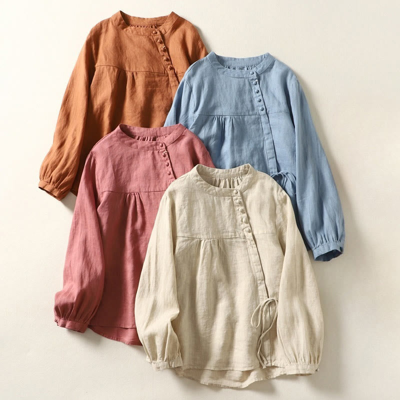 Nimara Ritual Fall Casual Solid Color Stand Collar Long Sleeve Cotton Linen Women's Shirt