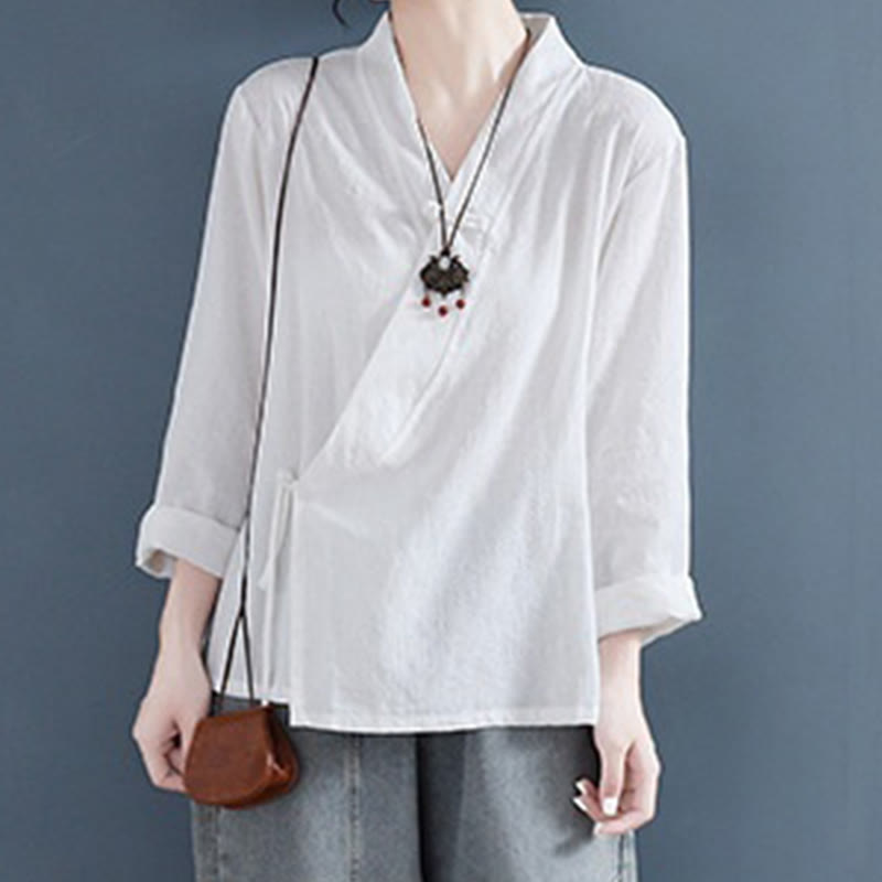Nimara Ritual Casual Solid Color Frog Button Long Sleeve Zen Cotton Linen Women's Shirt