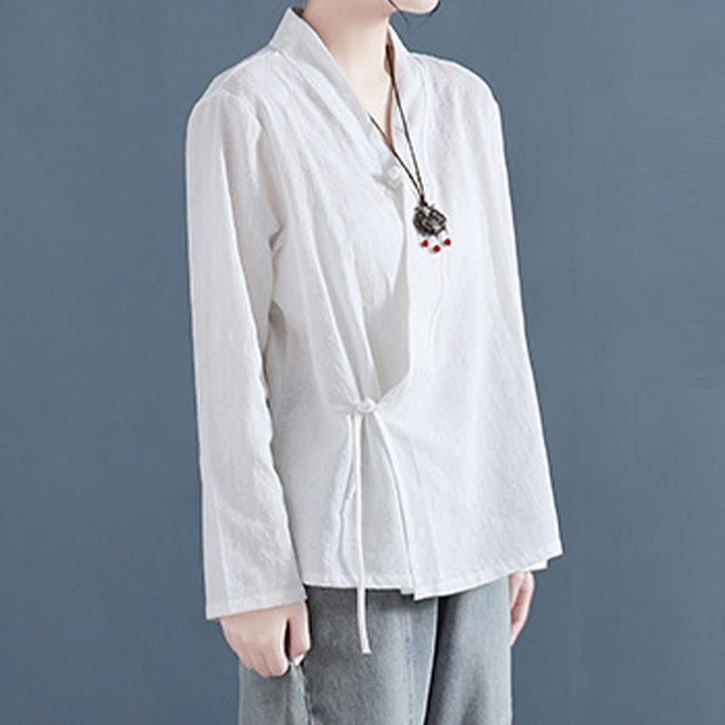 Nimara Ritual Casual Solid Color Frog Button Long Sleeve Zen Cotton Linen Women's Shirt