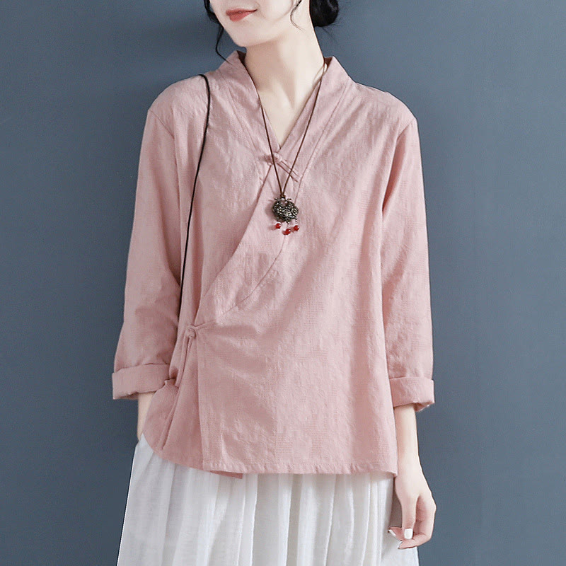 Nimara Ritual Casual Solid Color Frog Button Long Sleeve Zen Cotton Linen Women's Shirt