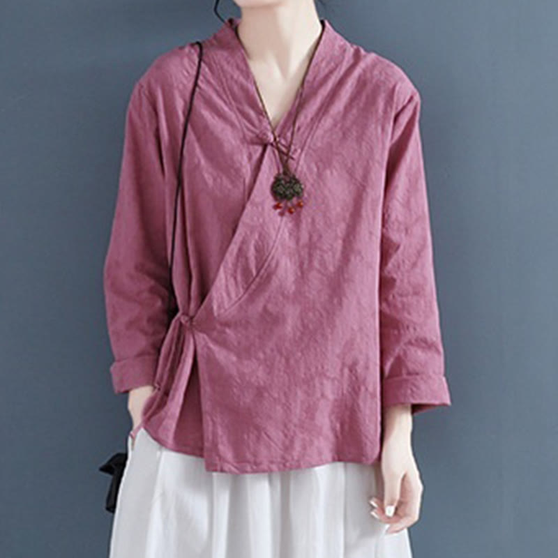 Nimara Ritual Casual Solid Color Frog Button Long Sleeve Zen Cotton Linen Women's Shirt