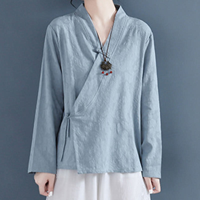 Nimara Ritual Casual Solid Color Frog Button Long Sleeve Zen Cotton Linen Women's Shirt