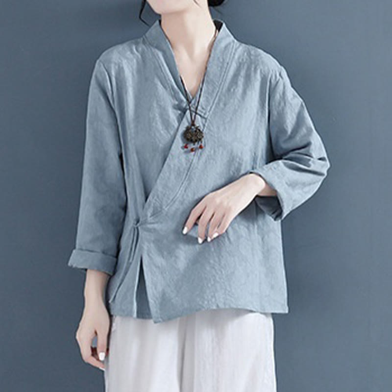 Nimara Ritual Casual Solid Color Frog Button Long Sleeve Zen Cotton Linen Women's Shirt