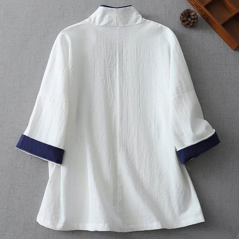Nimara Ritual Casual Color Stitching V-Neck Three Quarter Sleeve Zen Cotton Linen Women's Shirt