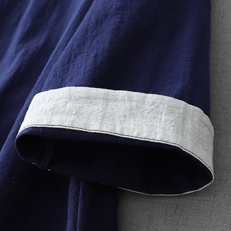 Nimara Ritual Casual Color Stitching V-Neck Three Quarter Sleeve Zen Cotton Linen Women's Shirt