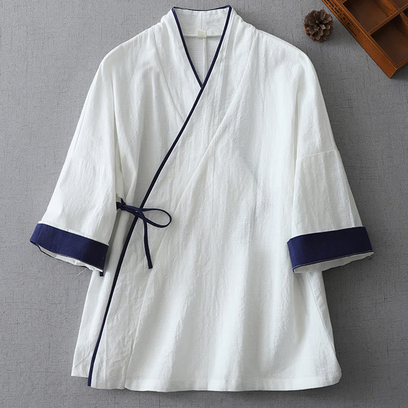 Nimara Ritual Casual Color Stitching V-Neck Three Quarter Sleeve Zen Cotton Linen Women's Shirt