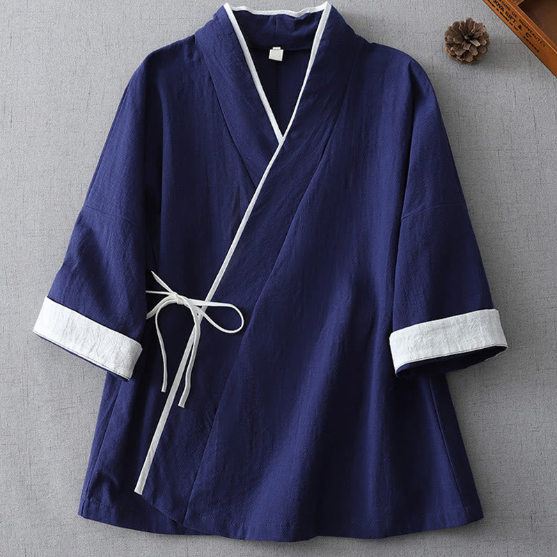 Nimara Ritual Casual Color Stitching V-Neck Three Quarter Sleeve Zen Cotton Linen Women's Shirt