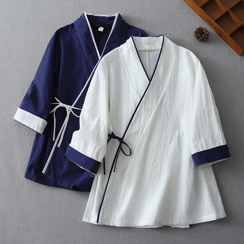Nimara Ritual Casual Color Stitching V-Neck Three Quarter Sleeve Zen Cotton Linen Women's Shirt
